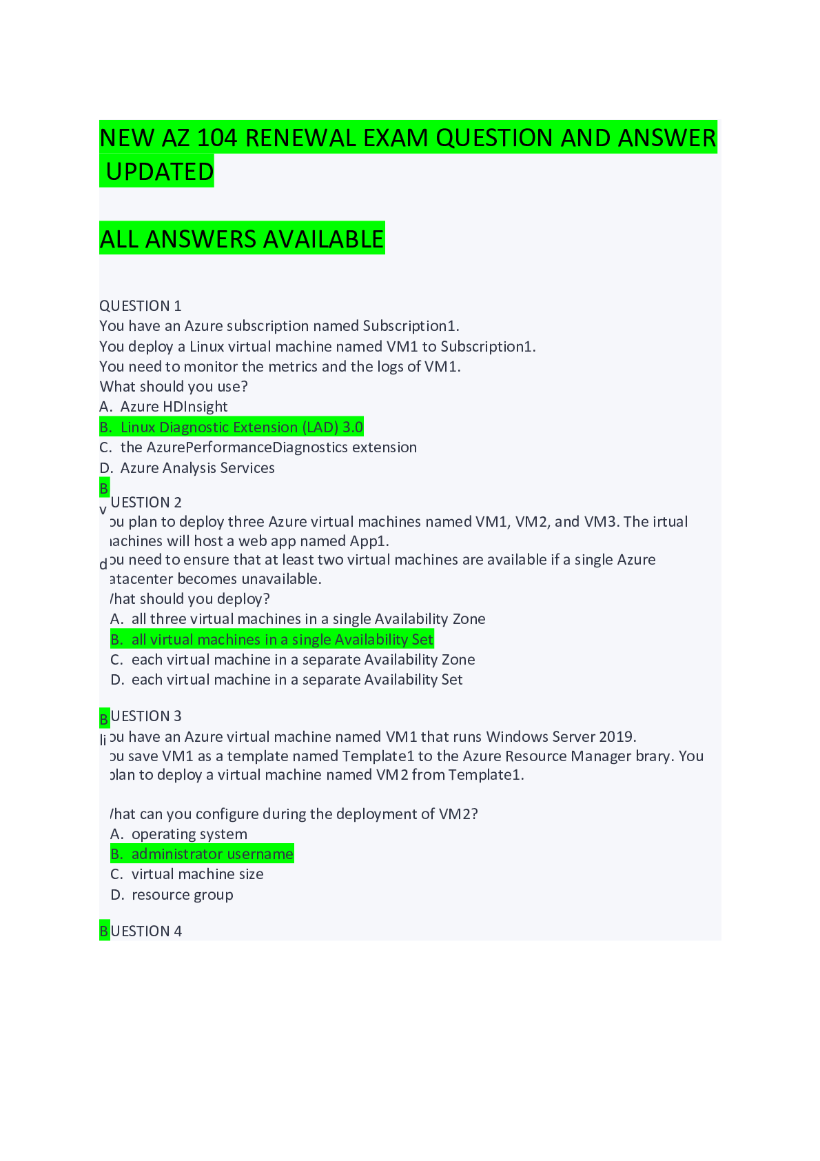 New AZ104 Renewal Exam Questions and Answers 2022 Browsegrades